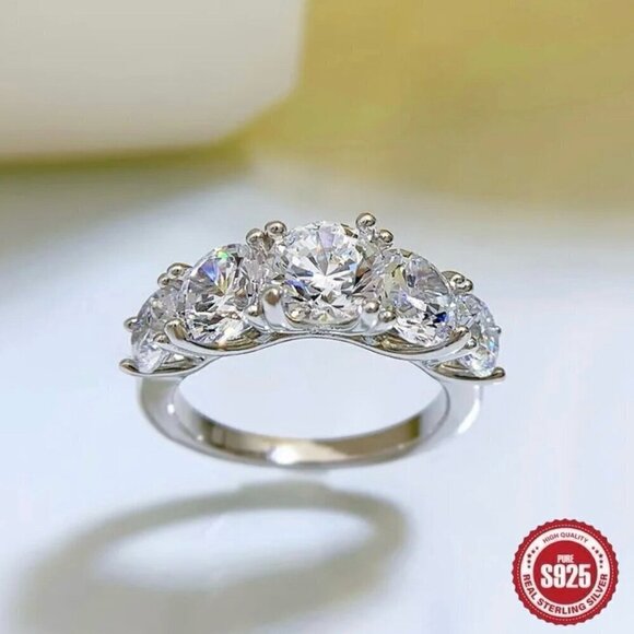 NWT Engagement Ring Sz.7 18K Over 925 Silver Five-Stone Trellis Setting - Picture 7 of 15